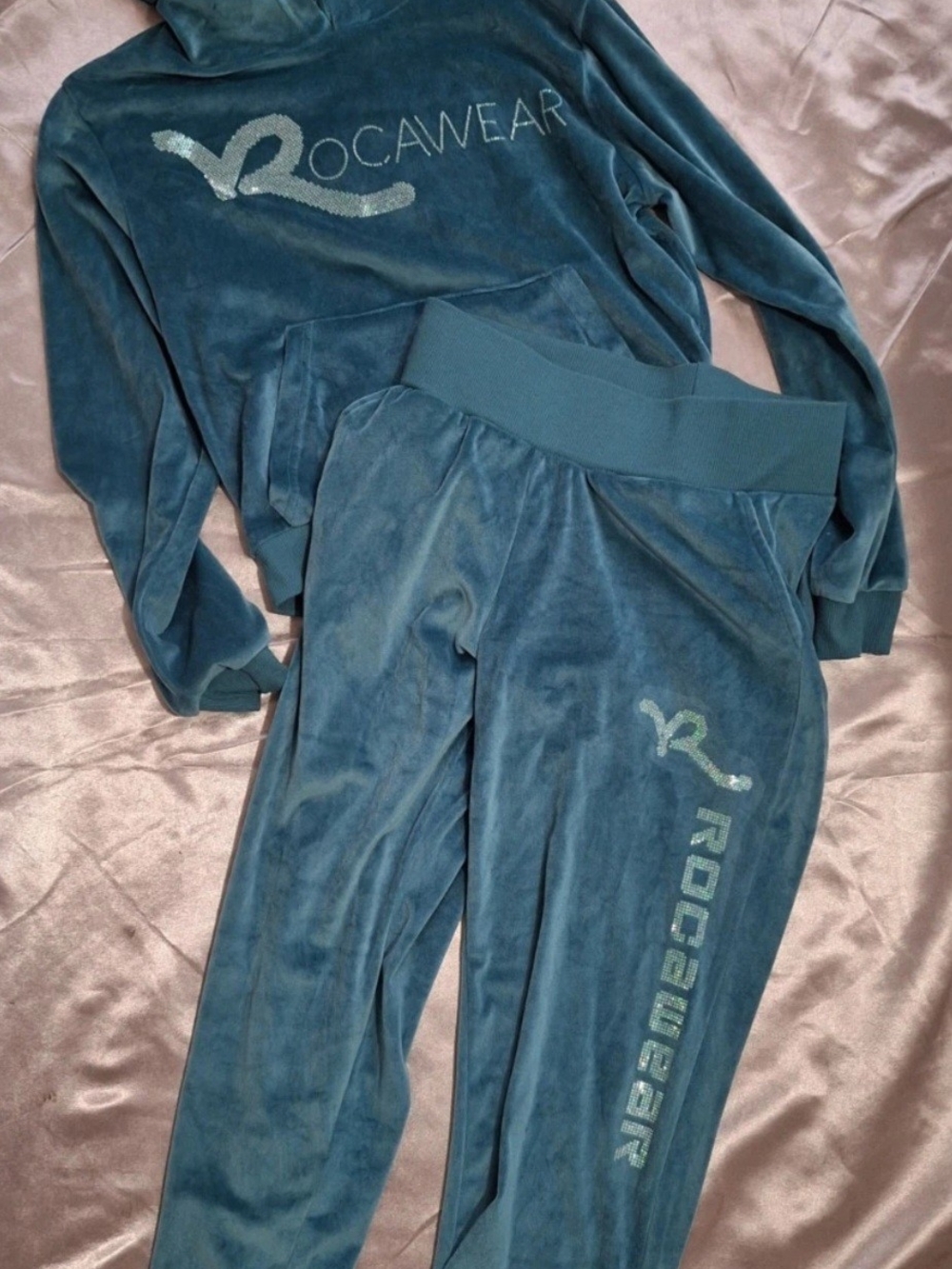 Rocawear women's 2 Piece Set blue teal velour tracksuit Size M